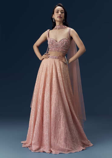 Pink Embellished Bridesmaid Lehega with Choker Dupatta