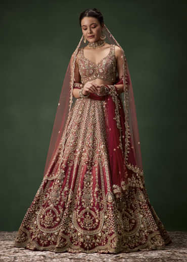 Pink Embroidered Bridal Raw Silk Lehenga Set with Two Dupattas