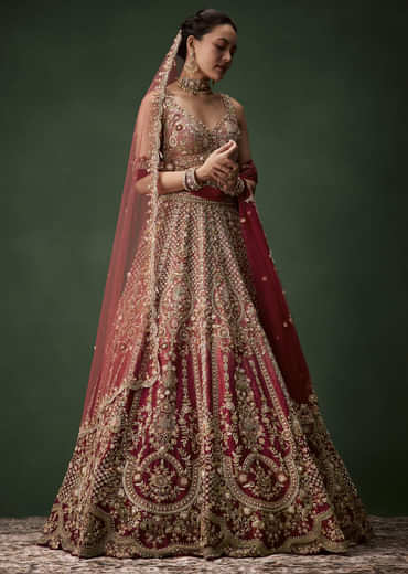 Pink Embroidered Bridal Raw Silk Lehenga Set with Two Dupattas