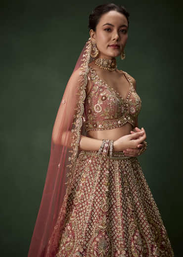 Pink Embroidered Bridal Raw Silk Lehenga Set with Two Dupattas