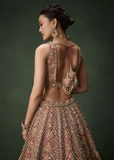 Pink Embroidered Bridal Raw Silk Lehenga Set with Two Dupattas