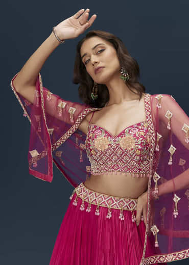 Pink Embroidered Bridesmaid Lehenga With Coordinated Cape And Blouse