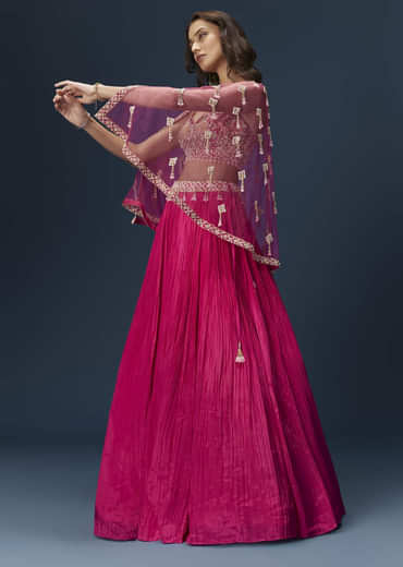 Pink Embroidered Bridesmaid Lehenga With Coordinated Cape And Blouse