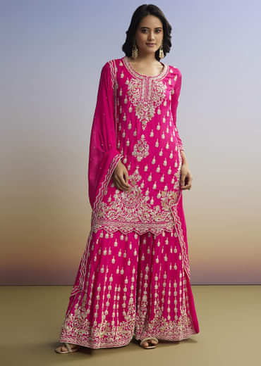 Pink Embroidered Palazzo Set In Chinon