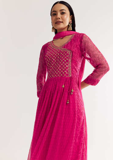Pink Floral Chiffon Anarkali Kurta Set With Dupatta
