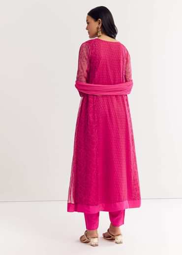 Pink Floral Chiffon Anarkali Kurta Set With Dupatta
