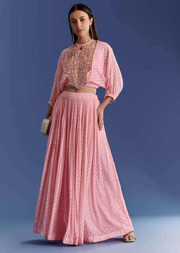 Pink Floral Georgette Lehenga Set With Zardosi Croptop