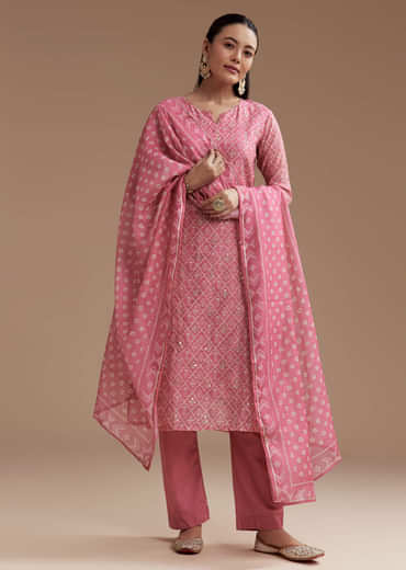 Pink Floral Print Chanderi Kurta Set with Gotta Work
