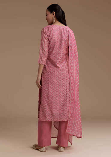 Pink Floral Print Chanderi Kurta Set with Gotta Work
