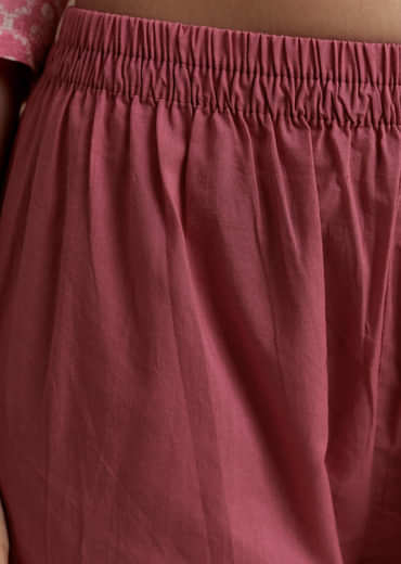 Pink Floral Print Chanderi Kurta Set with Gotta Work