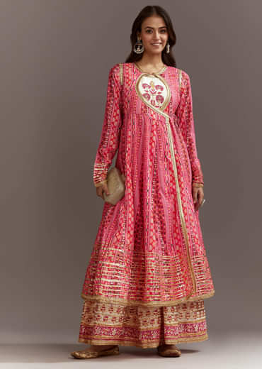 Pink Floral Printed Cotton Angrakha Style Jacket Kurta Set
