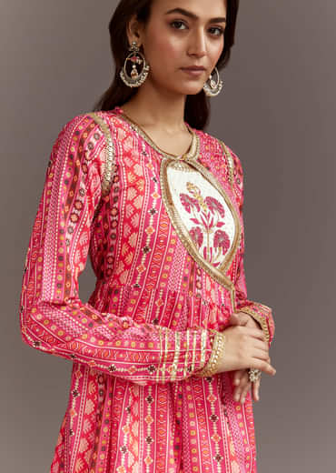 Pink Floral Printed Cotton Angrakha Style Jacket Kurta Set