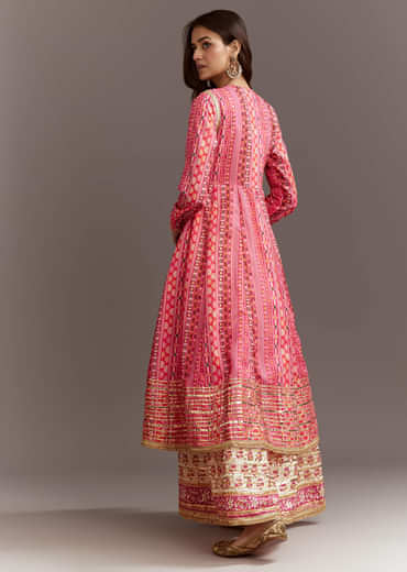 Pink Floral Printed Cotton Angrakha Style Jacket Kurta Set