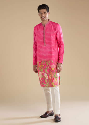 Pink Floral Work Mens Kurta and Pant Set