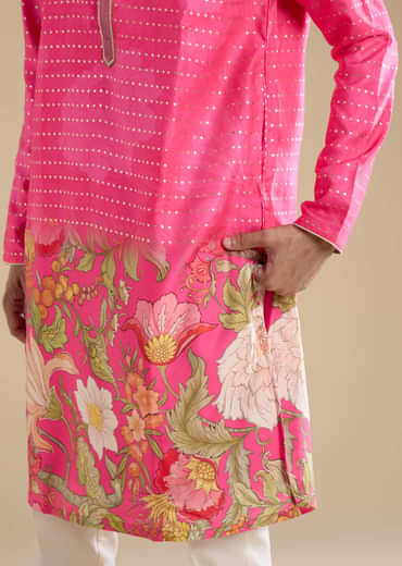 Pink Floral Work Mens Kurta and Pant Set