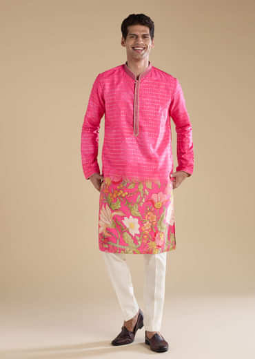 Pink Floral Work Mens Kurta and Pant Set