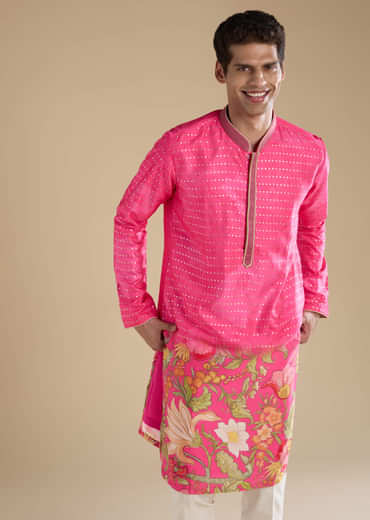 Pink Floral Work Mens Kurta and Pant Set