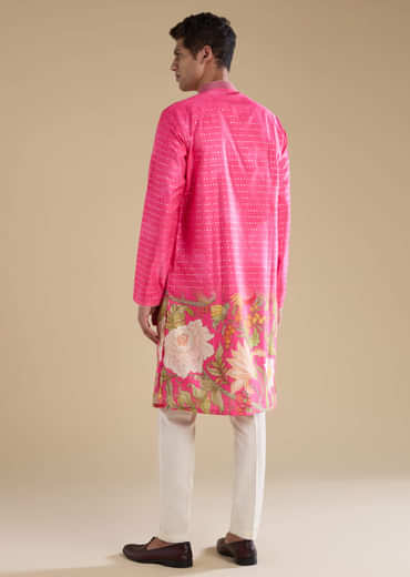 Pink Floral Work Mens Kurta and Pant Set