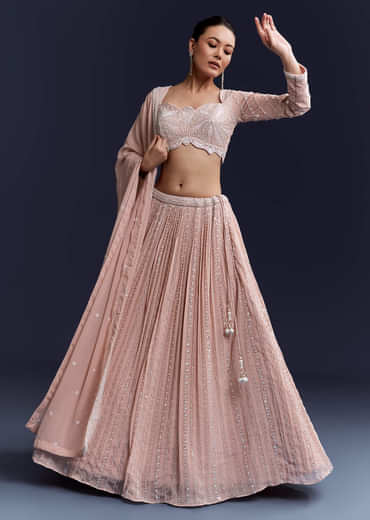 Pink Georgette Bridesmaid Lehenga With Intricate Hand Embroidery
