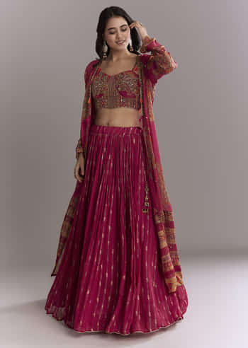 Pink Georgette Crop Top And Printed Skirt Set With Intricate Embroidery