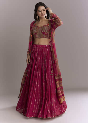 Pink Georgette Crop Top And Printed Skirt Set With Intricate Embroidery