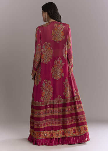 Pink Georgette Crop Top And Printed Skirt Set With Intricate Embroidery