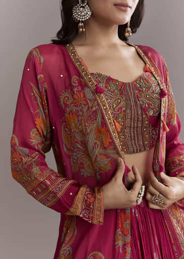 Pink Georgette Crop Top And Printed Skirt Set With Intricate Embroidery