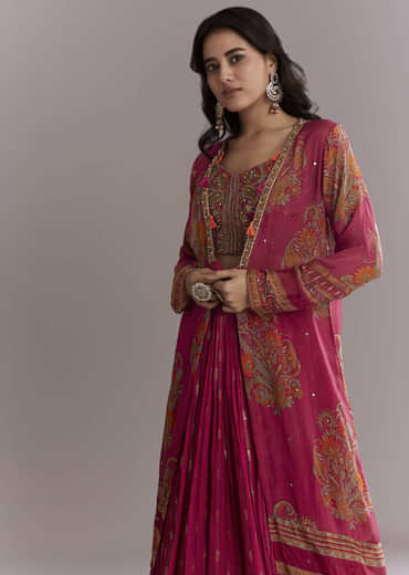 Pink Georgette Crop Top And Printed Skirt Set With Intricate Embroidery