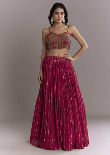 Pink Georgette Crop Top And Printed Skirt Set With Intricate Embroidery