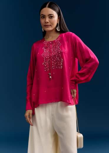 Pink Georgette Crop Top With Mirror Work