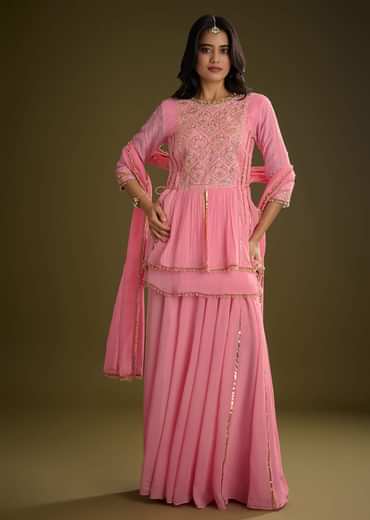 Pink Georgette Gotta Lace Kurta Set With Cut Dana and Sequins Detailing