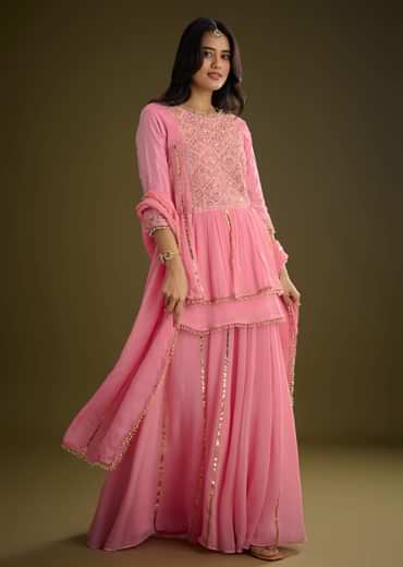 Pink Georgette Gotta Lace Kurta Set With Cut Dana and Sequins Detailing