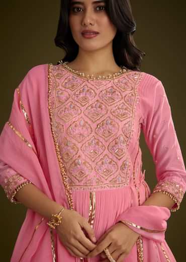 Pink Georgette Gotta Lace Kurta Set With Cut Dana and Sequins Detailing