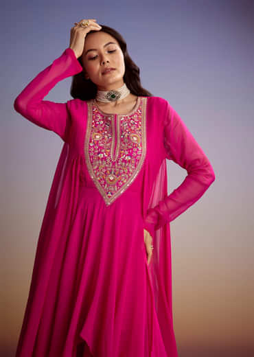 Pink Georgette Indo Western Set With Zari And Sequins Work