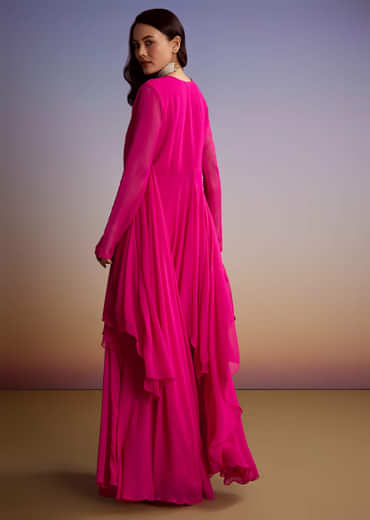 Pink Georgette Indo Western Set With Zari And Sequins Work