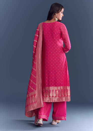 Pink Georgette Kurta Set With Bandhani Print And Jacquard Weave