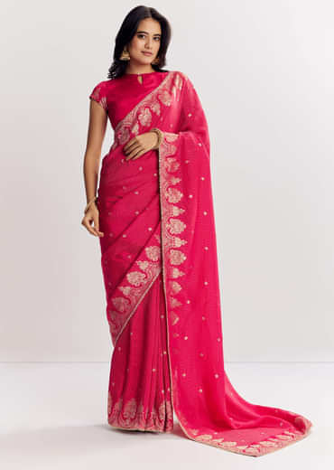 Pink Georgette Lurex Saree With Brocade Butti And Gota Patti Border