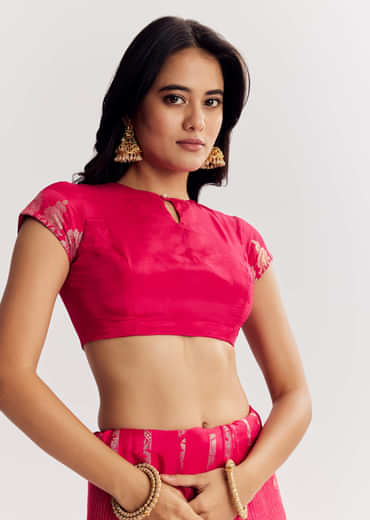 Pink Georgette Lurex Saree With Brocade Butti And Gota Patti Border