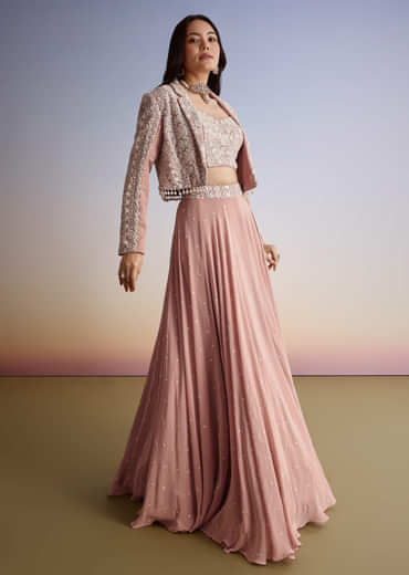 Pink Georgette Moti Resham Work Lehenga Jacket Set