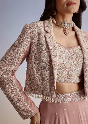 Pink Georgette Moti Resham Work Lehenga Jacket Set