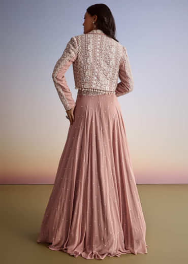 Pink Georgette Moti Resham Work Lehenga Jacket Set