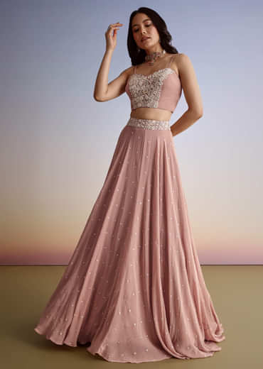 Pink Georgette Moti Resham Work Lehenga Jacket Set