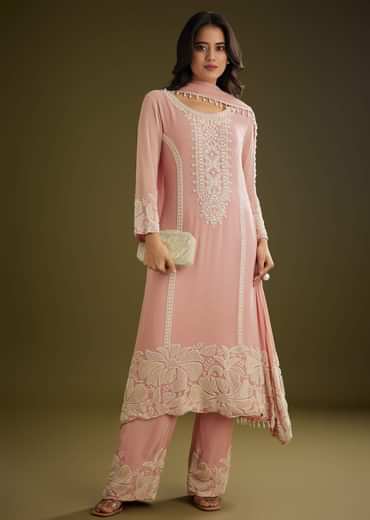 Pink Georgette Moti Work Asymmetrical Kurta Set With Tassels Bordered Dupatta