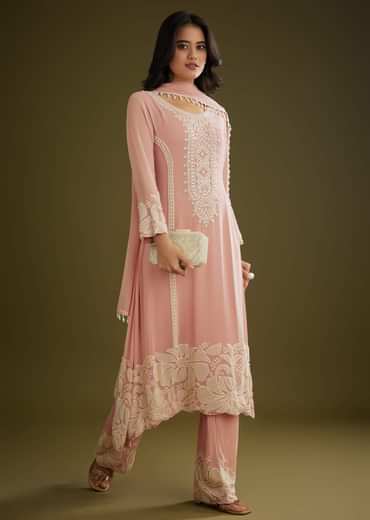 Pink Georgette Moti Work Asymmetrical Kurta Set With Tassels Bordered Dupatta