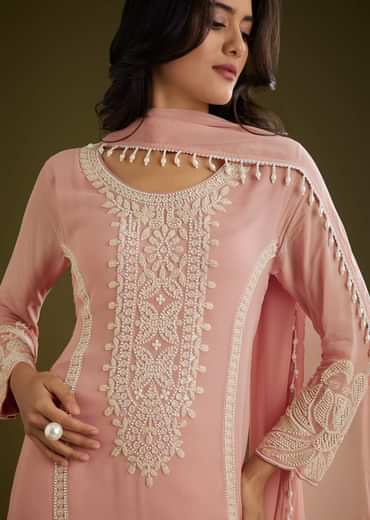 Pink Georgette Moti Work Asymmetrical Kurta Set With Tassels Bordered Dupatta
