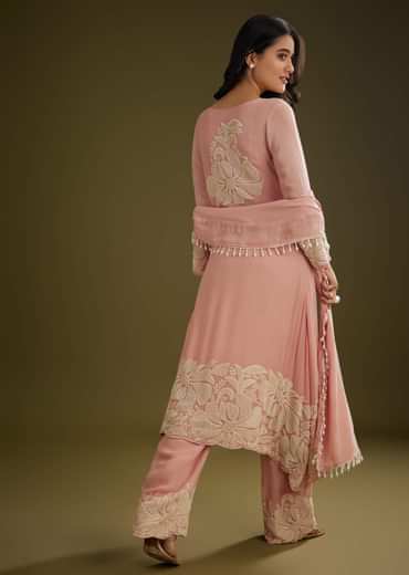 Pink Georgette Moti Work Asymmetrical Kurta Set With Tassels Bordered Dupatta
