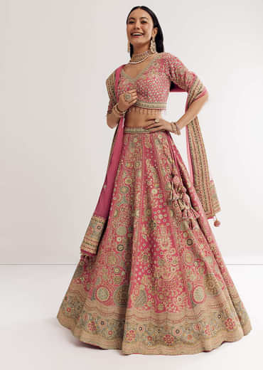 Pink Georgette Printed Cutdana Stonework Lehenga With Net Dupatta