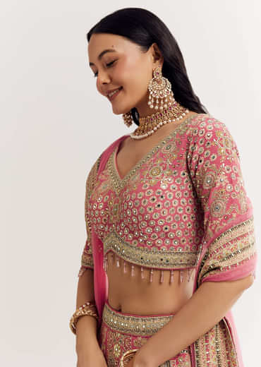 Pink Georgette Printed Cutdana Stonework Lehenga With Net Dupatta