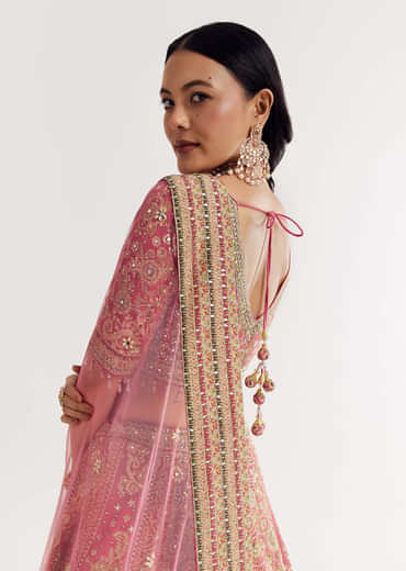 Pink Georgette Printed Cutdana Stonework Lehenga With Net Dupatta