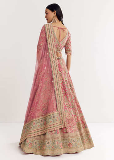 Pink Georgette Printed Cutdana Stonework Lehenga With Net Dupatta
